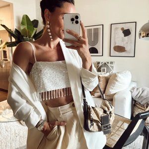 White Sequin Fringe Crop Top
